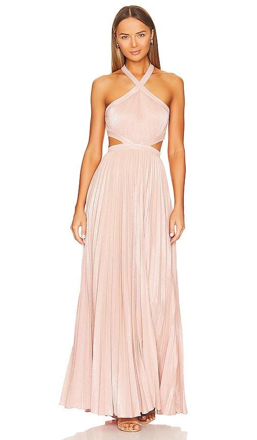 bcbgmaxazria metallic evening gown in blush.