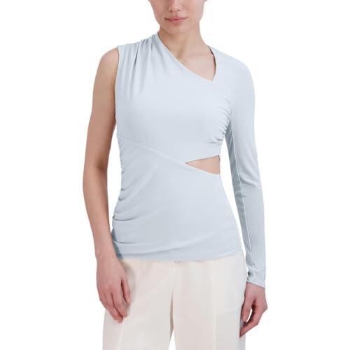 bcbgmaxazria women's asymmetrical neck draped one sleeve cutout top, blue
