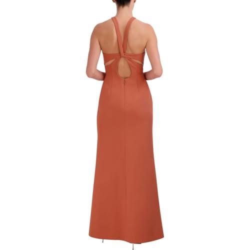 bcbgmaxazria women's fit and flare floor length evening dress criss cross halter neck cut outs side slit, aragon, 8