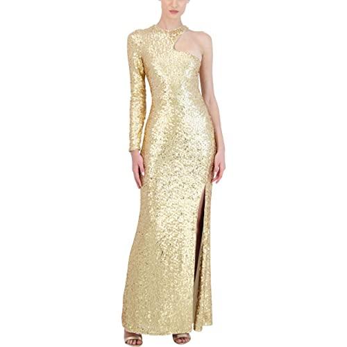 bcbgmaxazria women's fit and flare floor length sequin evening gown one long sleeve crew neck cut out side slit, gold, xx-small