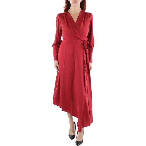 bcbgmaxazria women's fit and flare long sleeve asymmetrical surplice wrap midi dress with tie belt, rio red, small