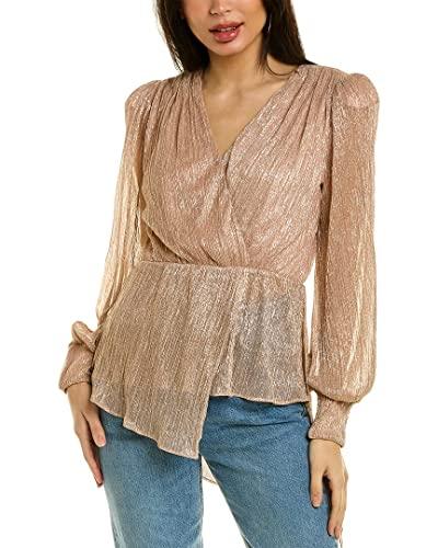 bcbgmaxazria women's fit and flare long sleeve top surplice neck ruched shoulders smocked cuffs asymmetrical hem shirt, dusty rose, x-small