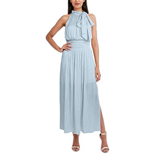 bcbgmaxazria women's fit and flare maxi dress sleeveless smocked waist halter neck bow detail, xenon blue, medium