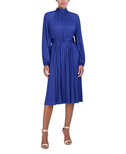 bcbgmaxazria women's fit and flare midi dress long raglan sleeve mock neck twist knot smocked back, blue, 4