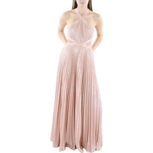 bcbgmaxazria women's fit and flare sleeveless floor length evening dress halter neck cut outs, pink, 10