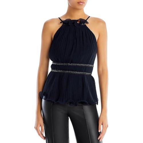 bcbgmaxazria women's fit and flare top ruffle mock neck hem adjustable straps leather trim waist shirt, black, x-small