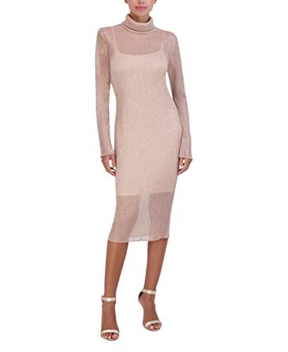 bcbgmaxazria women's fitted bodycon midi dress long sleeve mock neck pleated glitter mesh, dusty rose, large