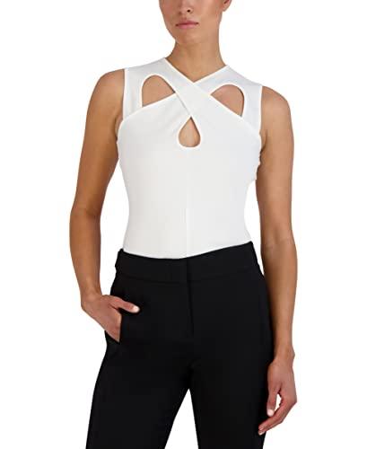 bcbgmaxazria women's fitted bodycon sleeveless cross neck keyhole top, off white, large