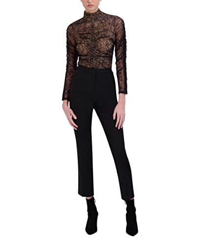 bcbgmaxazria women's fitted long sleeve top turtleneck ruched bodice button shirt, black, large