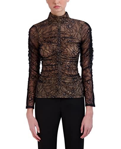 bcbgmaxazria women's fitted long sleeve top turtleneck ruched bodice button shirt, black, large