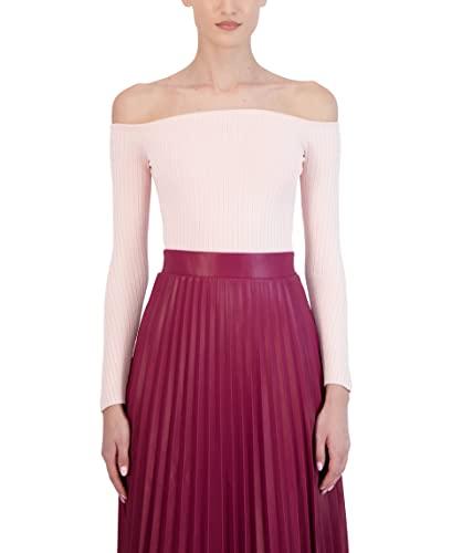 bcbgmaxazria women's fitted ribbed sweater off the shoulder long sleeve sculpted neck top, pink, small