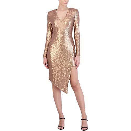 bcbgmaxazria women's fitted sequin cocktail dress long sleeve ruched waist asymmetrical peekaboo skirt, gold, 0