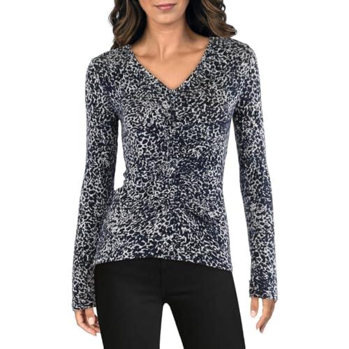 bcbgmaxazria women's fitted top long sleeve ruched v neck shirt, navy/white, medium