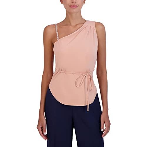 bcbgmaxazria women's fitted top pleated one metal chain strap tie waist belt asymmetrical neck shirt, cafe, large