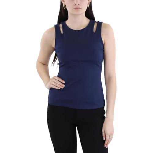 bcbgmaxazria women's fitted top shoulder cut out crew neck shirt, navy, large