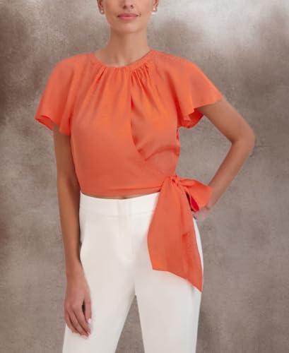 bcbgmaxazria women's jewel neck blouson tie front top, flamingo