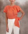 bcbgmaxazria women's jewel neck blouson tie front top, flamingo