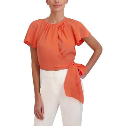bcbgmaxazria women's jewel neck blouson tie front top, flamingo