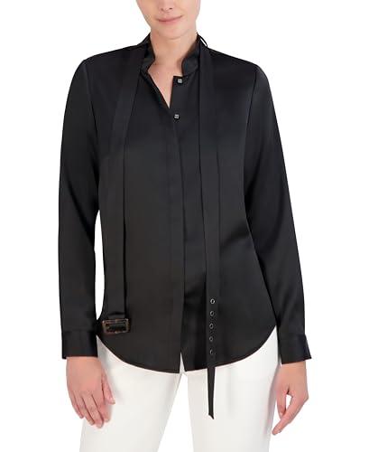 bcbgmaxazria women's long sleeve mock collar neck belt tie blouse top, black