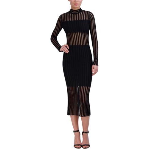 bcbgmaxazria women's long sleeve mock neck sheer stripe midi dress, black