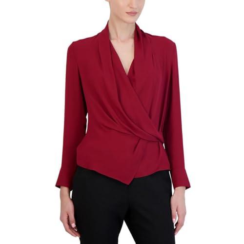 bcbgmaxazria women's long sleeve relaxed faux wrap top surplice neck front twist drape shirt, rhubarb, medium