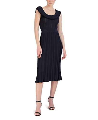 bcbgmaxazria women's midi fit and flare ribbed ruffle hem scoop neck dresses, navy, small