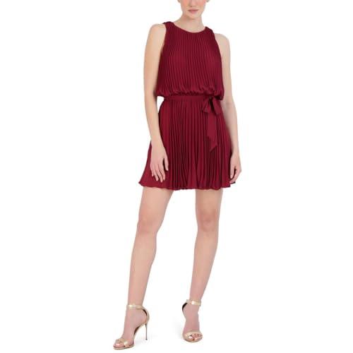 bcbgmaxazria women's mini cocktail fit and flare tie front pleats round neck dresses, cordovan, small
