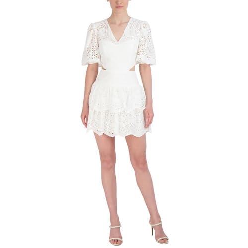 bcbgmaxazria women's mini v neck puff sleeve cotton eyelet a line dress, off white