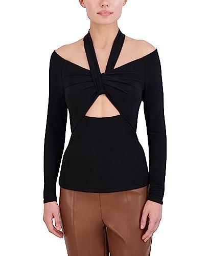 bcbgmaxazria women's neck long sleeve pullover halter knit top, black