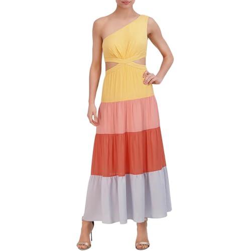 bcbgmaxazria women's one shoulder color block maxi cocktail dress, yellow gold
