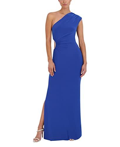 bcbgmaxazria women's one shoulder neck rhinestone trim cut out gown, blue, x-large