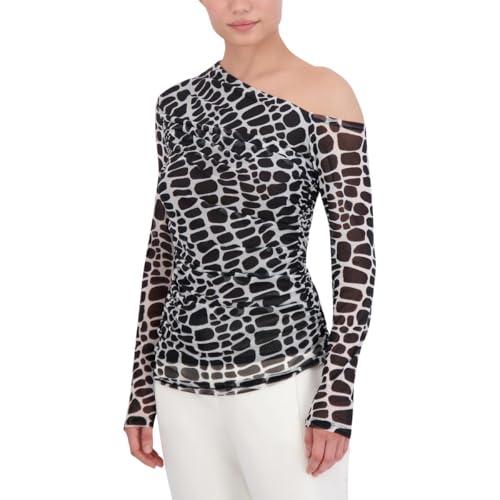 bcbgmaxazria women's pullover long sleeve asymmetrical neck drape top, black gardenia crocodile