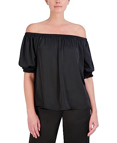 bcbgmaxazria women's pullover off the shoulder neck puff sleeve blouse, black