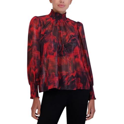 bcbgmaxazria women's relaxed long sleeve blouse smocked mock neck cuff top, wine, medium