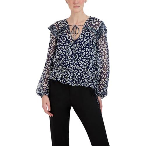 bcbgmaxazria women's relaxed peplum top long sleeve v neck with tie ruffle drawstring shirt, navy/white, x-small