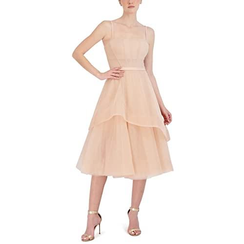 bcbgmaxazria women's short midi evening fit and flare adjustable spaghetti straps tiered skirt corset bodice dresses, pink, 10