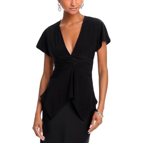 bcbgmaxazria women's short sleeve v neck ruched knit top, black