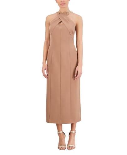 bcbgmaxazria women's sleeveless crossover halter neck midi dress, raw umber