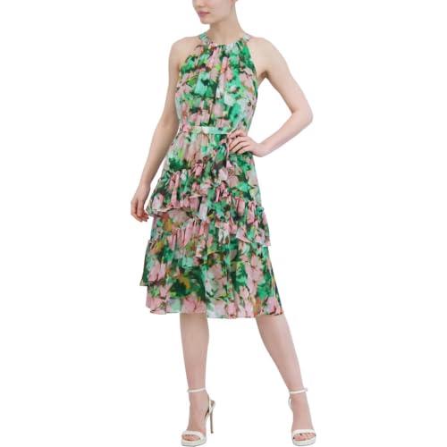 bcbgmaxazria women's sleeveless halter neck tiered ruffle maxi dress, green combo
