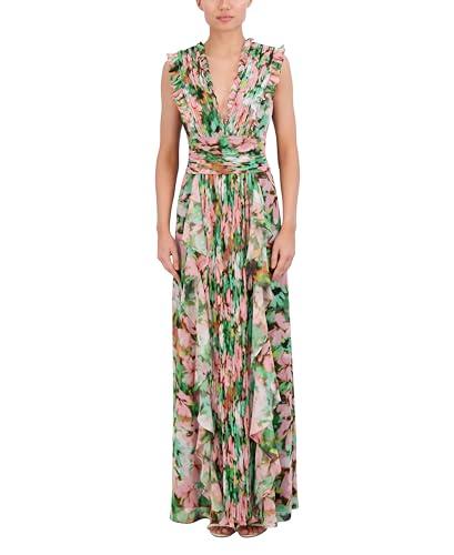 bcbgmaxazria women's sleeveless v neck pleated ruffle maxi gown, winter green combo