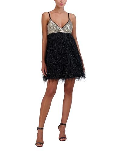 bcbgmaxazria women's sleeveless v neck sequin feathered a line mini dress, black combo