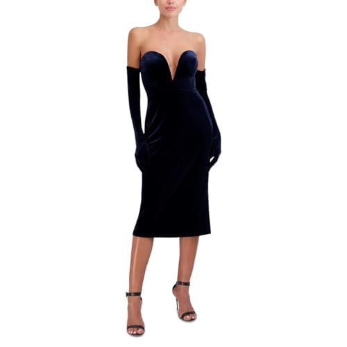 bcbgmaxazria women's strapless plunging v neck midi dress with gloves, dark navy