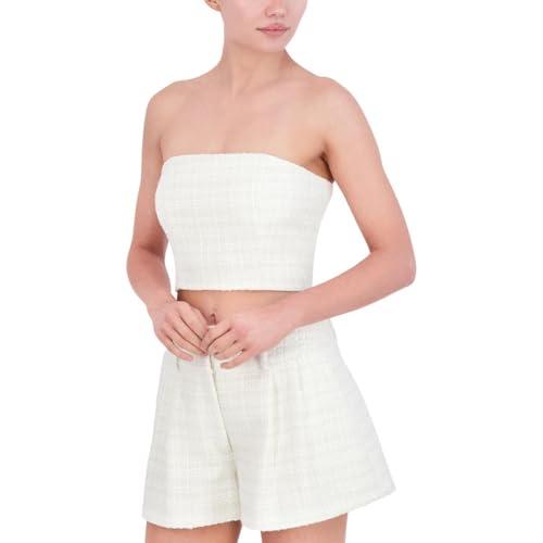 bcbgmaxazria women's strapless straight neck tweed crop top, gardenia