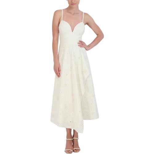 bcbgmaxazria women's sweetheart neck sleeveless asymmetrical eyelet dress, gardenia, 6