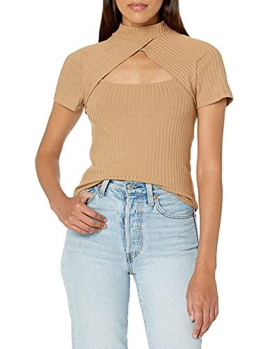 bcbgmaxazria women's top with short sleeves and cutouts, camel, medium