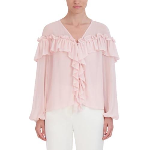 bcbgmaxazria women's v neck long bishop sleeve sheer ruffle top, pink