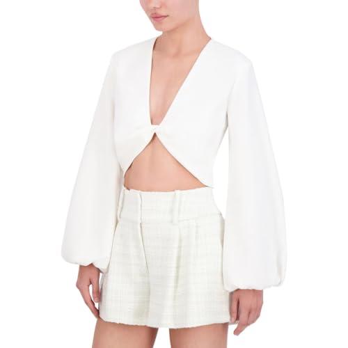 bcbgmaxazria women's v neck long puff sleeve twist front top, gardenia