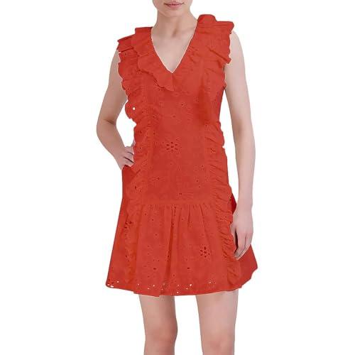 bcbgmaxazria women's v neck sleeveless ruffled eyelet dress, autumn, 4