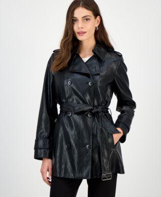 bcbgmaxazria womens double breasted faux leather belted trench coat p xxs xxl