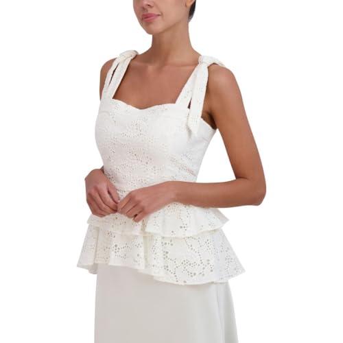 bcbgmaxazria womens embroidered eyelet peplum top ivory xs